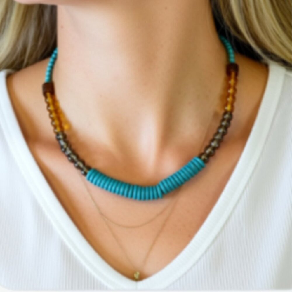Handcrafted turquoise stone, brown, tan & gold glass beaded necklace NWT (WJW008